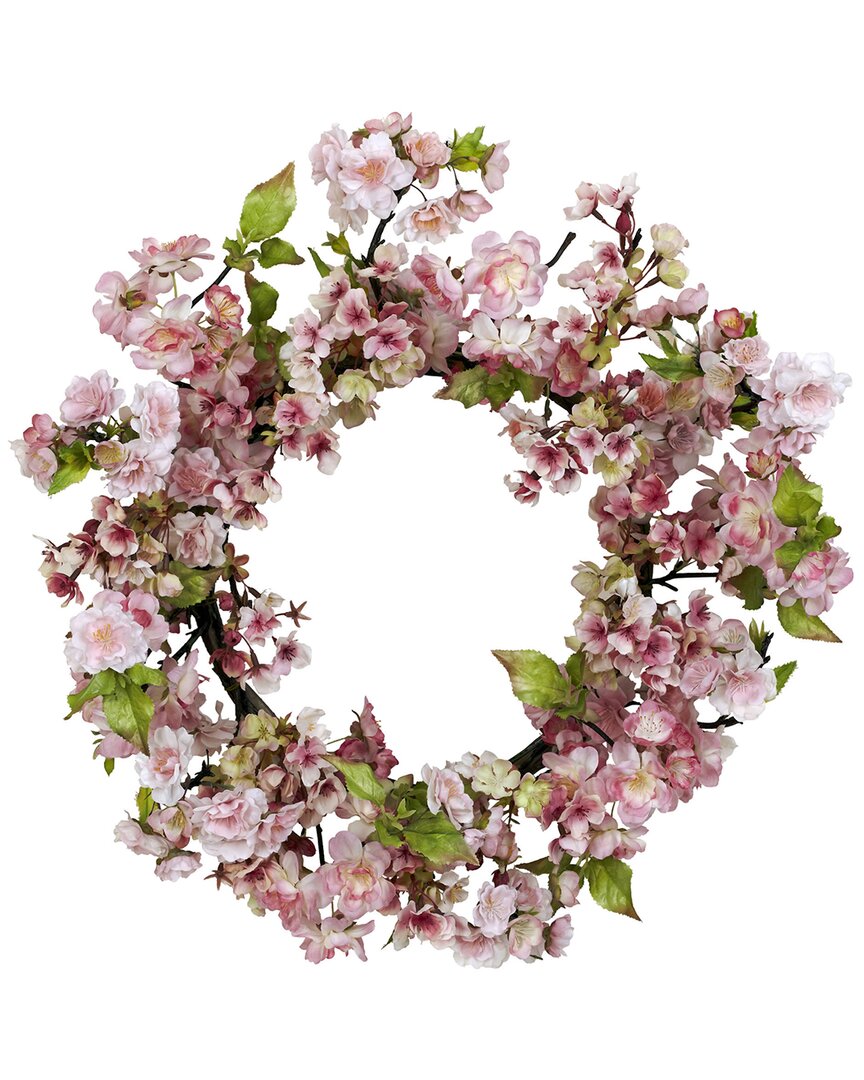 Nearly Natural 24in Cherry Blossom Wreath In Pink