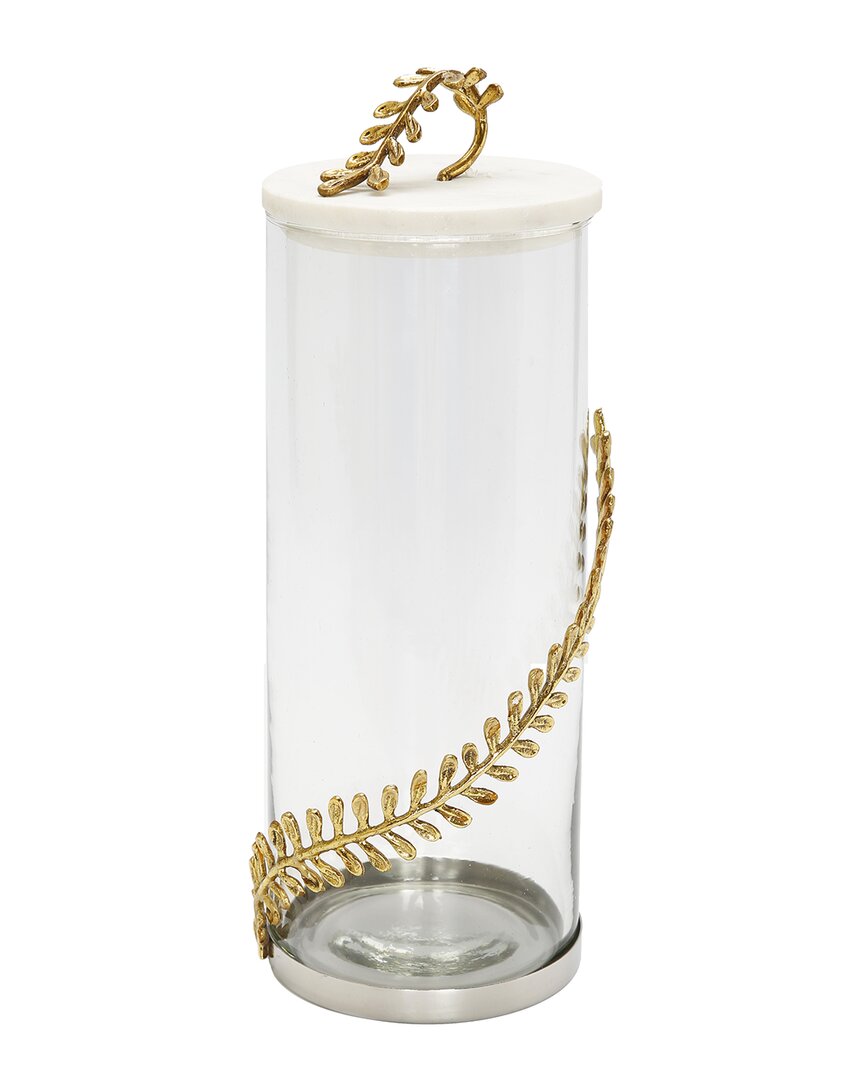 Alice Pazkus Large Glass Canister With Marble Lid Curry Leaf Design In Gold