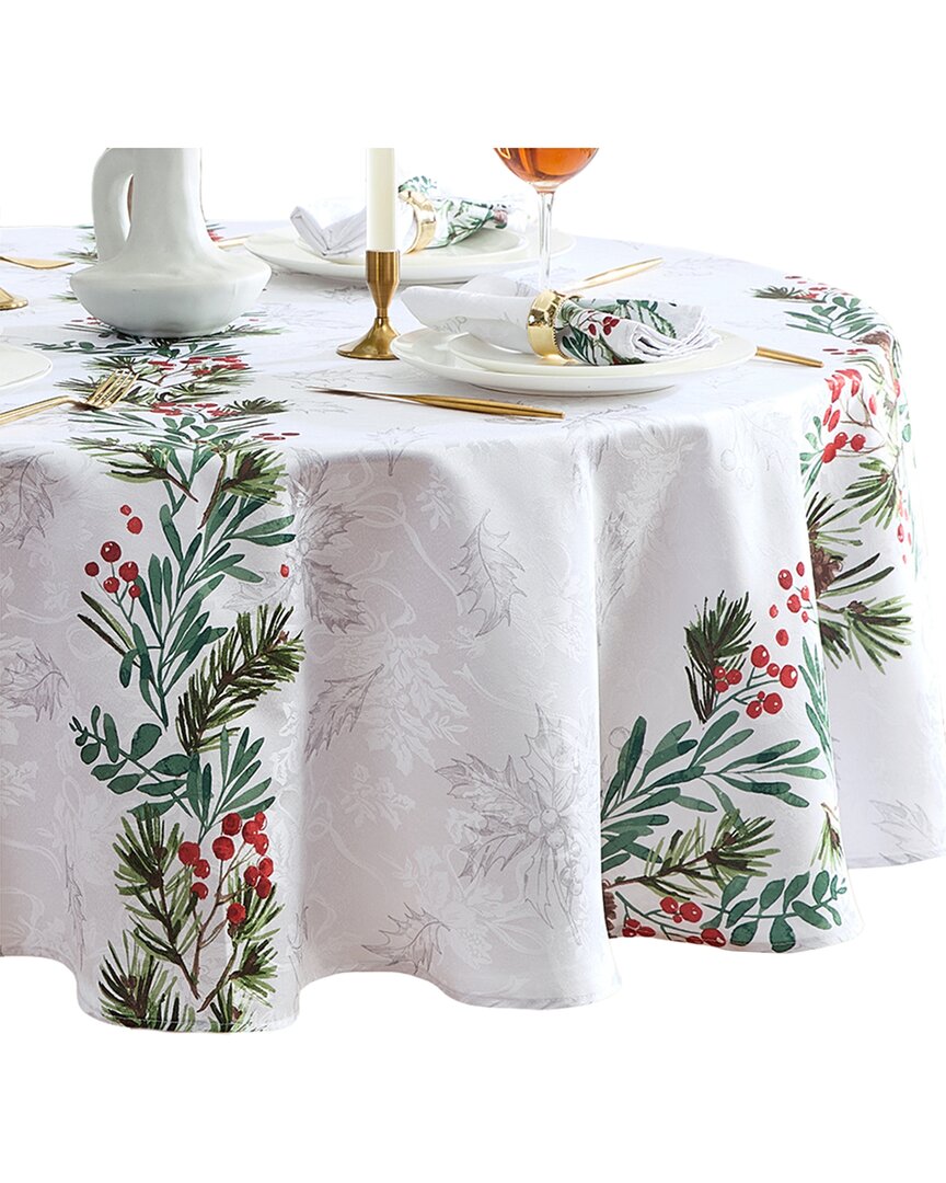 Elrene Home Fashions Holly Berry Flourish Holiday Fabric Tablecloth -round In White