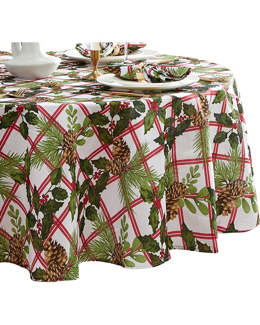 Elrene Home Fashions Pinecone Plaid Holiday Fabric Tablecloth -round In Green