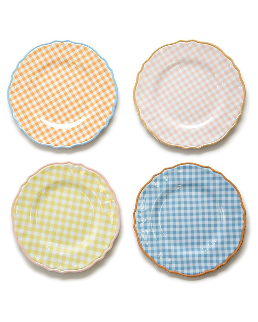 Shop Two's Company Set Of 4 Gingham Garden Melamine Dinner Plates In Multicolor