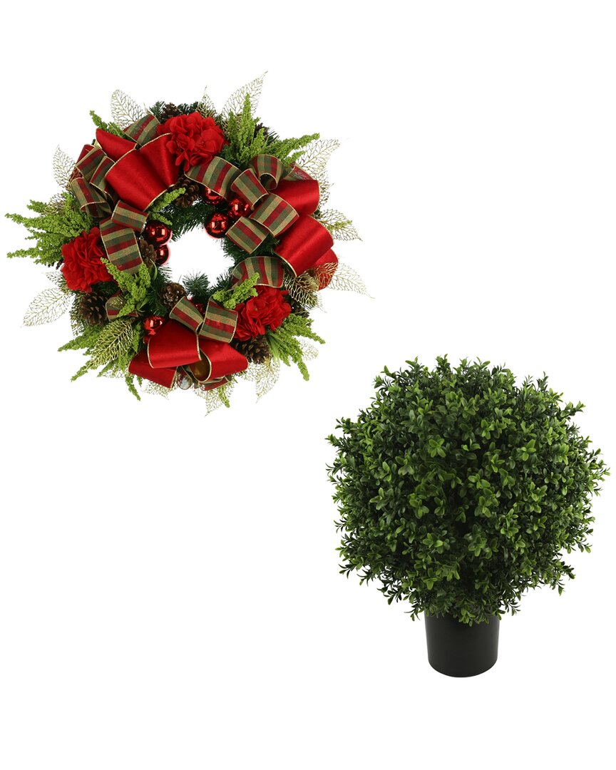 Creative Displays Christmas Set With 26in Holiday Wreath & Uv-rated Boxwood Topiary In Red