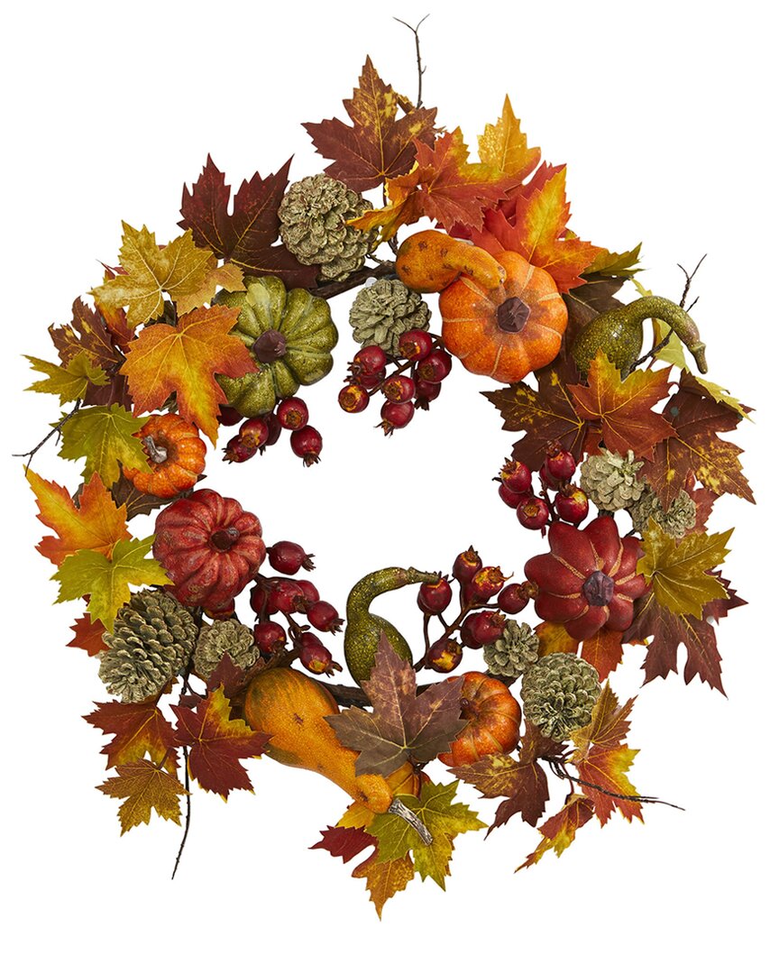 Nearly Natural 24in Pumpkin Gourd Berry And Maple Leaf Wreath In Multicolor