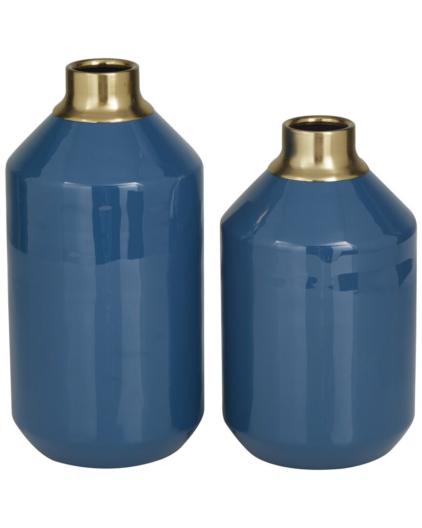 Peyton Lane Set Of 2 Blue Metal Vase With Gold Rims