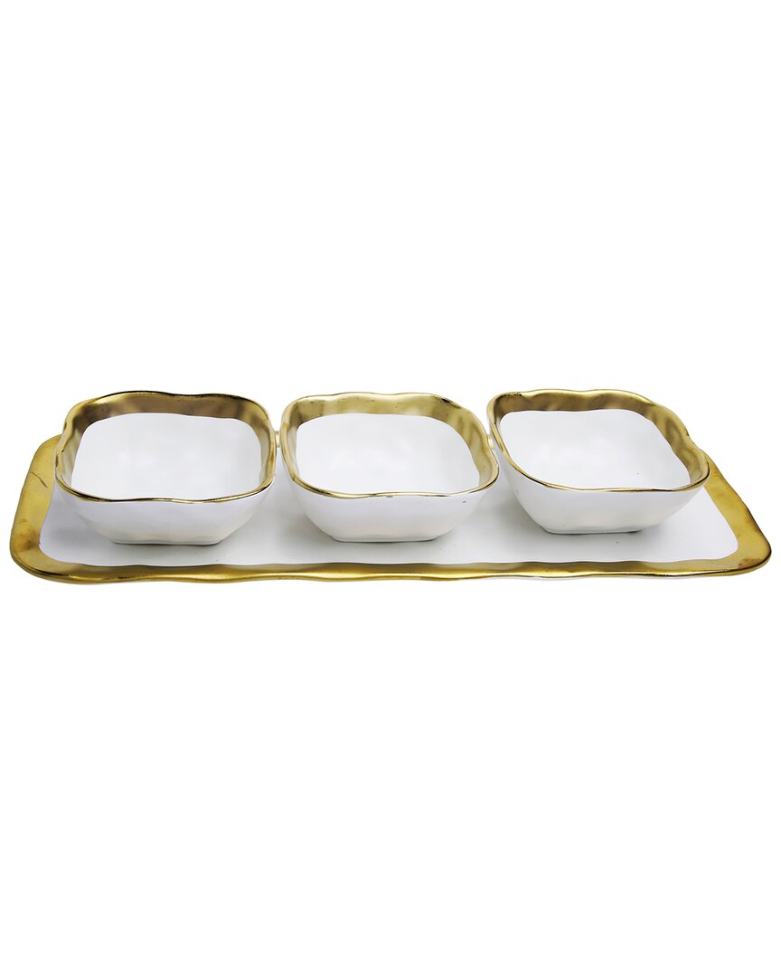 Alice Pazkus 14.5in Gold White Porcelain 3 Bowl Relish Dish