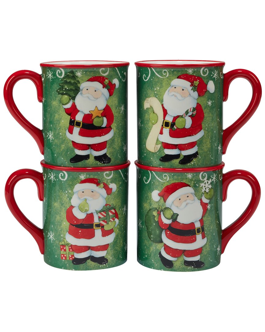 Certified International Holiday Magic Santa Set Of 4 Mugs In Green/red