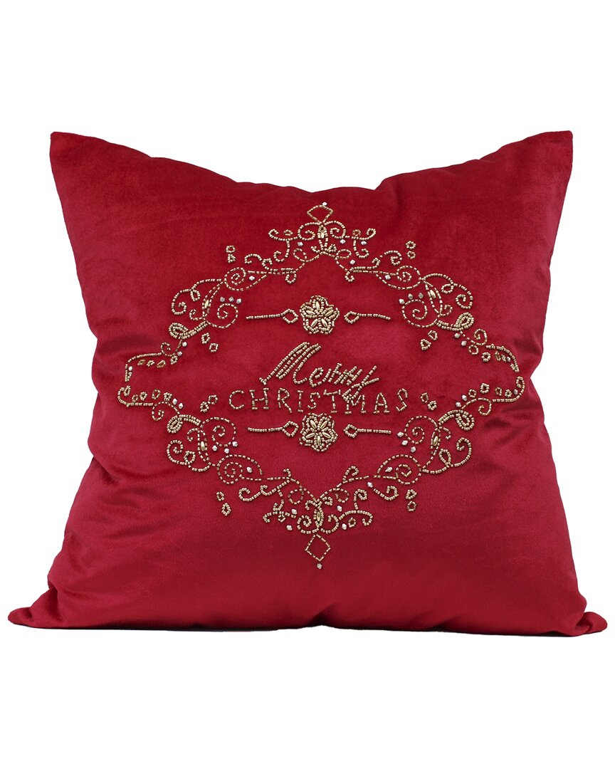 Harkaari Velvet Hand Beaded Merry Christmas Pillow In Red
