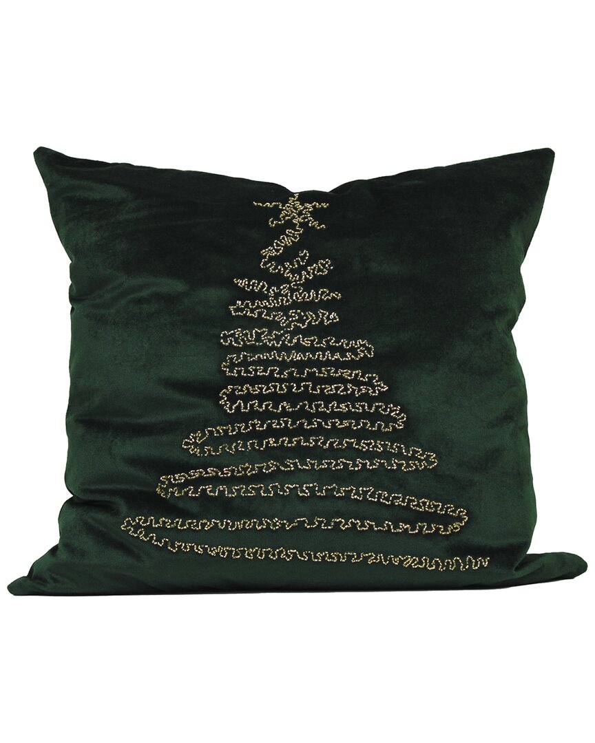 Harkaari Velvet Hand Beaded Oh Christmas Tree Pillow In Green