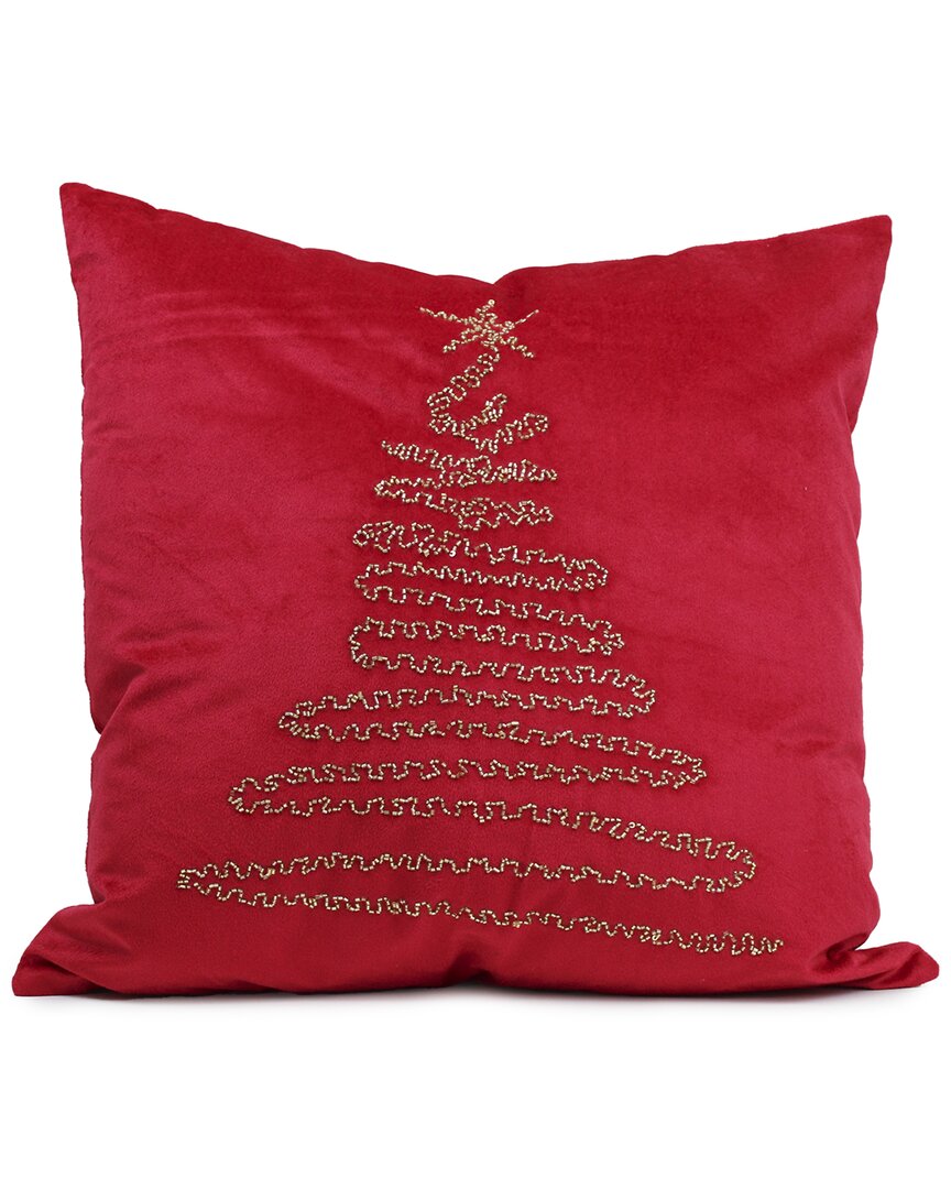 Harkaari Velvet Hand Beaded Oh Christmas Tree Pillow In Red