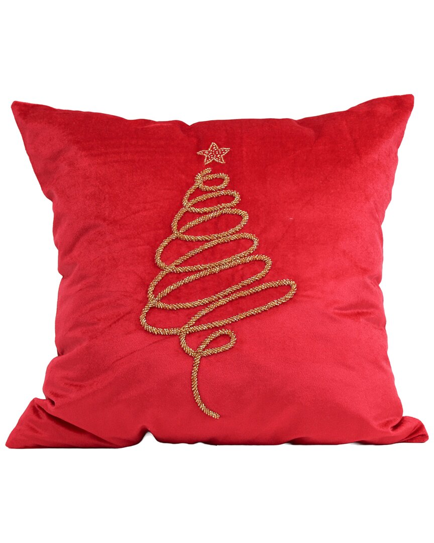 Harkaari Velvet Hand Beaded Charming Christmas Tree Pillow In Red