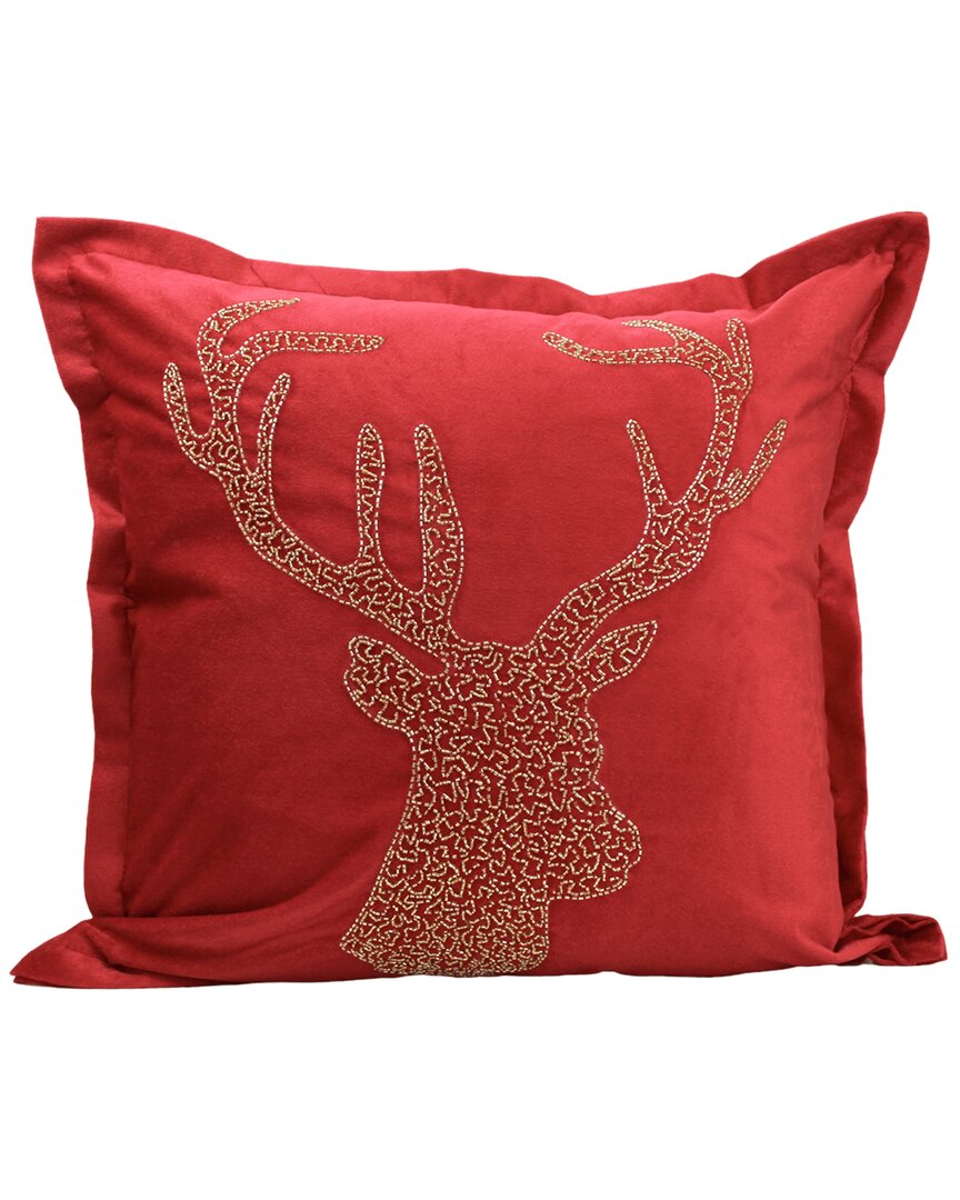 Harkaari Velvet Hand Beaded Holiday Reindeer Pillow In Red