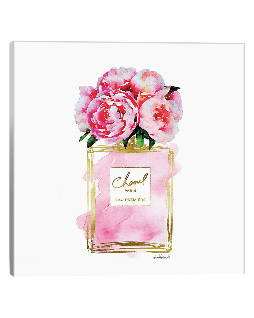 Icanvas Gold And Pink Perfume Bottle With Pink Peonies Canvas Wall Art