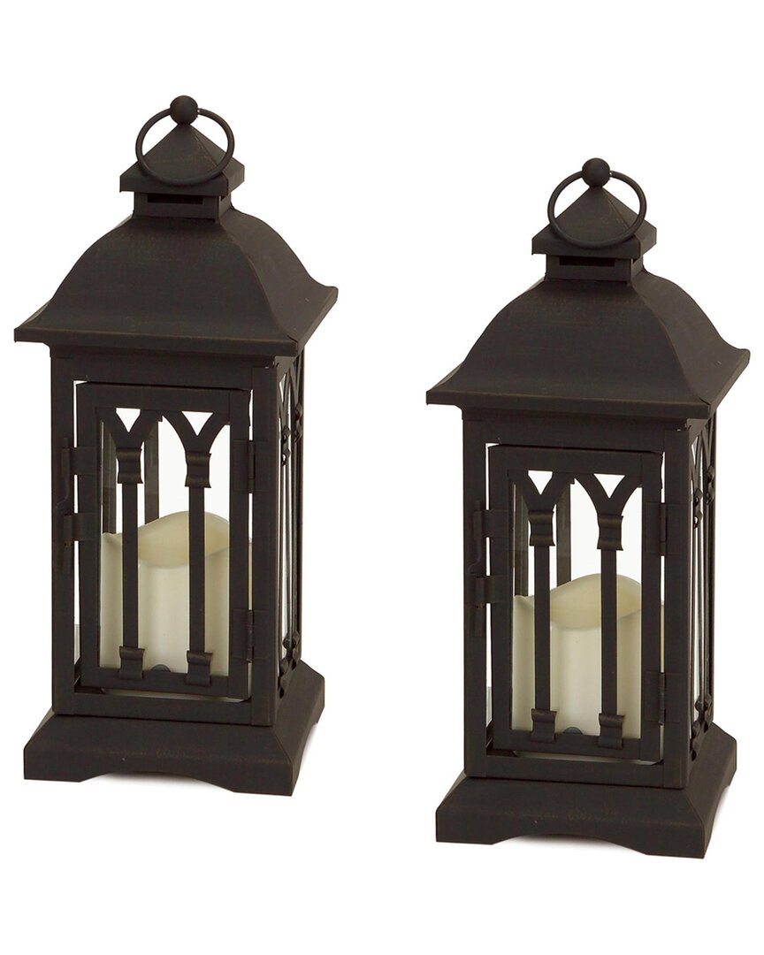 Melrose International Set Of 2 Black Metal Lantern With Led Candle In Black