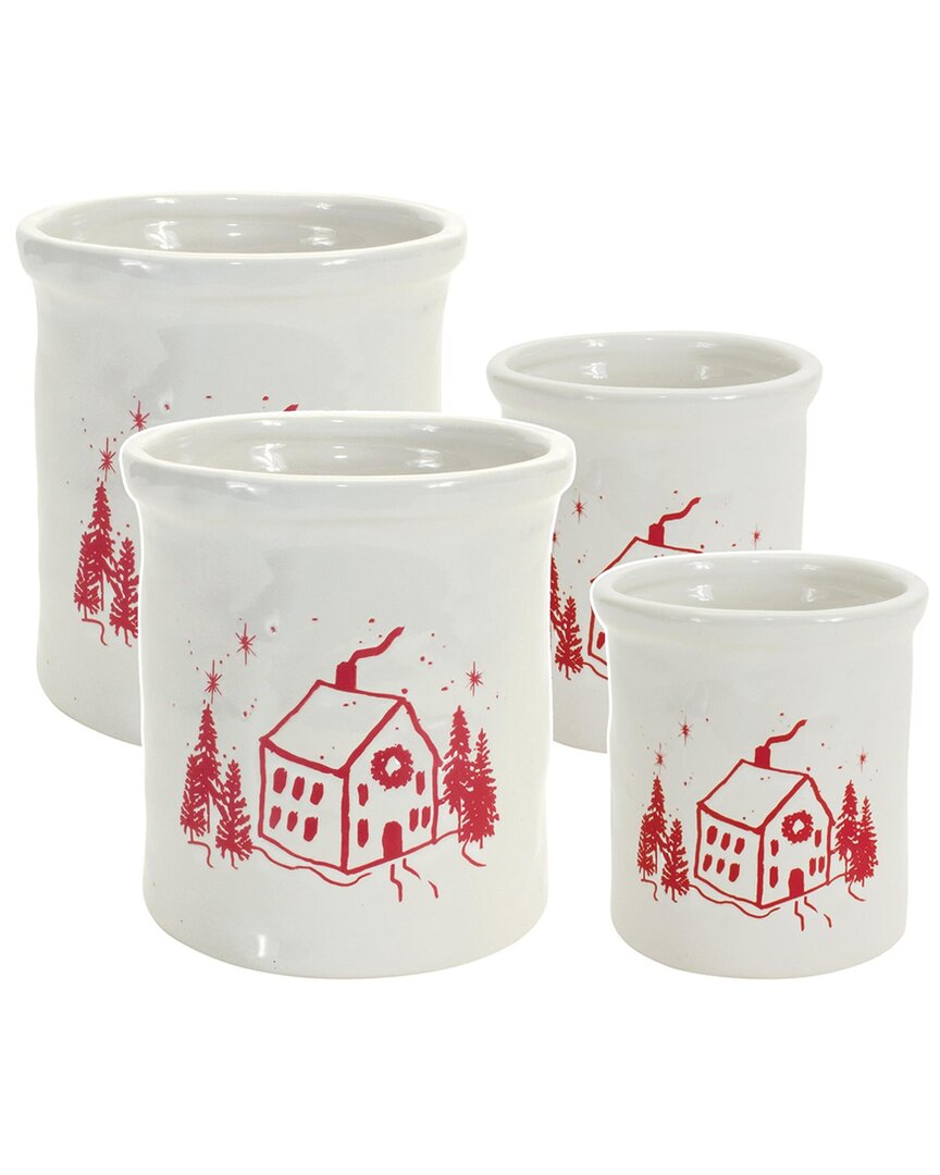 Melrose International Set Of 4 Ceramic Crock With Snowy House Scene In Multi