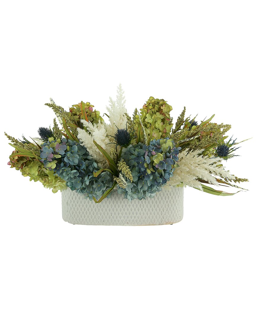 Creative Displays Assorted Hydrangea, Pampas, Thistle And Feather Arrangement In A Ceramic Planter In Green