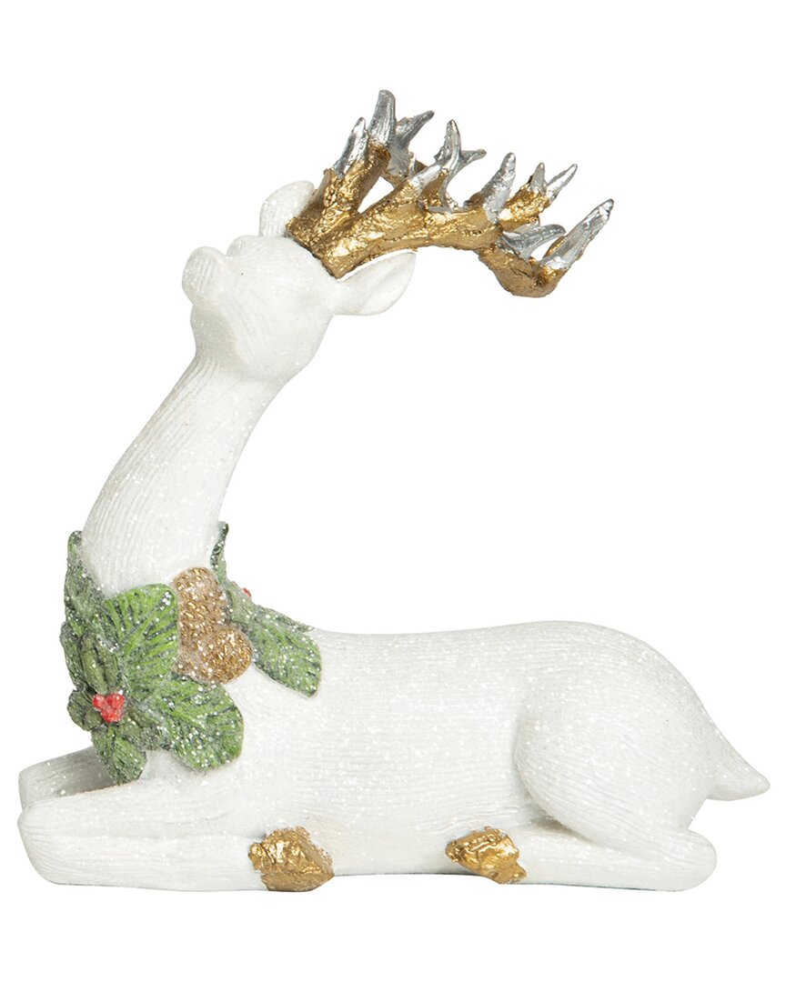 Transpac Resin 8in Christmas Elegantly Carved Sitting Reindeer Decor In White