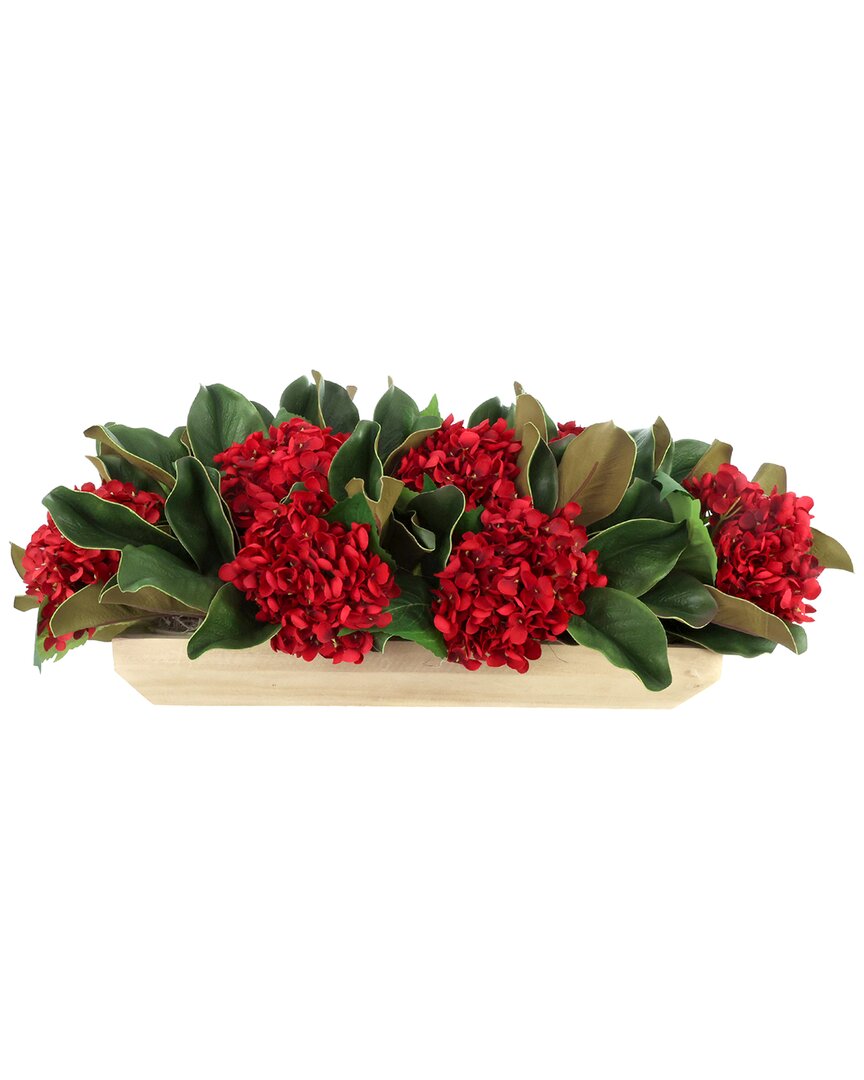 Creative Displays Handmade Classic Holiday Centerpiece With Hydrangeas & Magnolia Leaves In Red