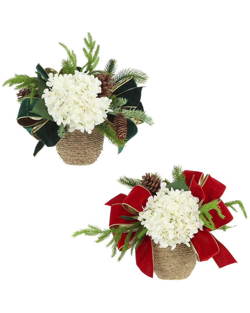 Creative Displays Set Of 2 Christmas Holiday Arrangements With Hydrangeas & Bows In White