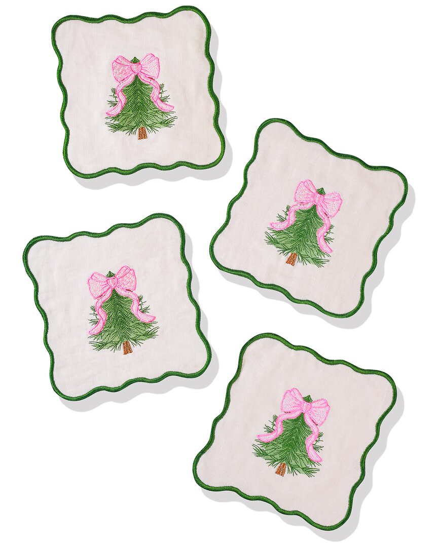 Tiramisu Set Of 4 Pink Bow Evergreen Embroidered Cocktail Napkins