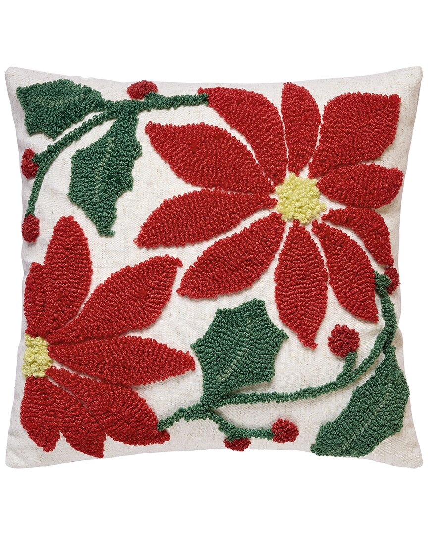 Peking Handicraft Hand-hooked Poinsettia Wool- & Linen-blend Tufted Hook Pillow In Red