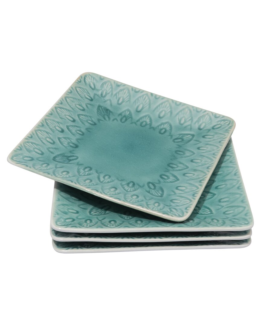 Euro Ceramica Peacock Square Appetizer Plate Set In Blue