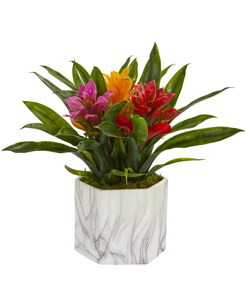 Nearly Natural Bromeliad Artificial Plant In Marble Finished Vase