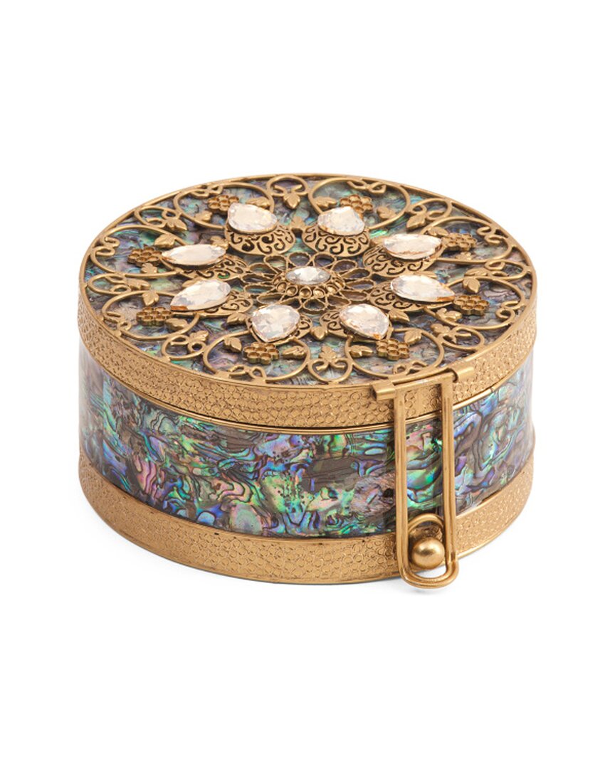 Tiramisu Round Floral Jewelry Box With Abalone & Crystals
