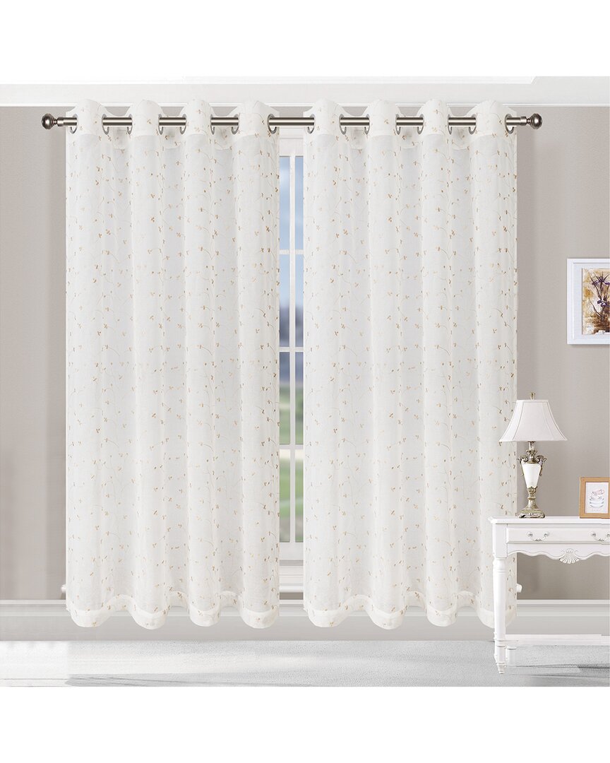 Superior 52x96 Embroidered Delicate Flower Sheer Grommet 2pc Curtain Panel Set In Beige