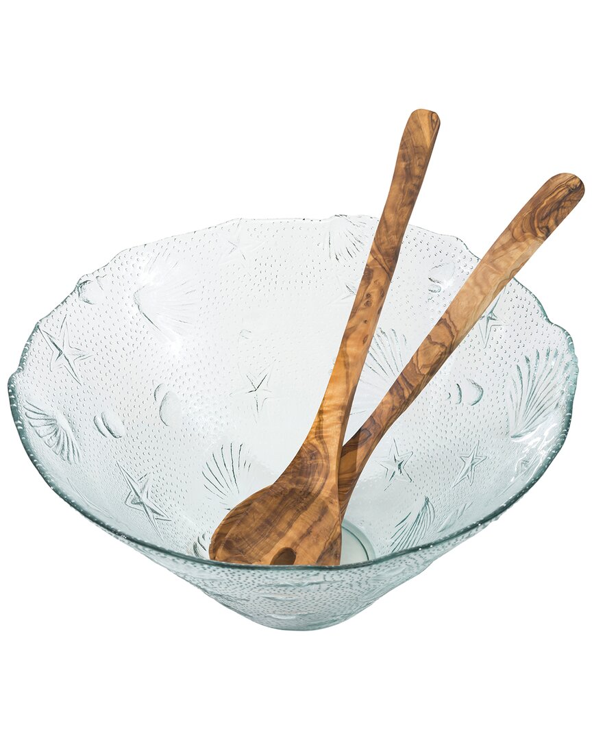French Home Recycled Glass Coastal Salad Bowl & Servers In Brown