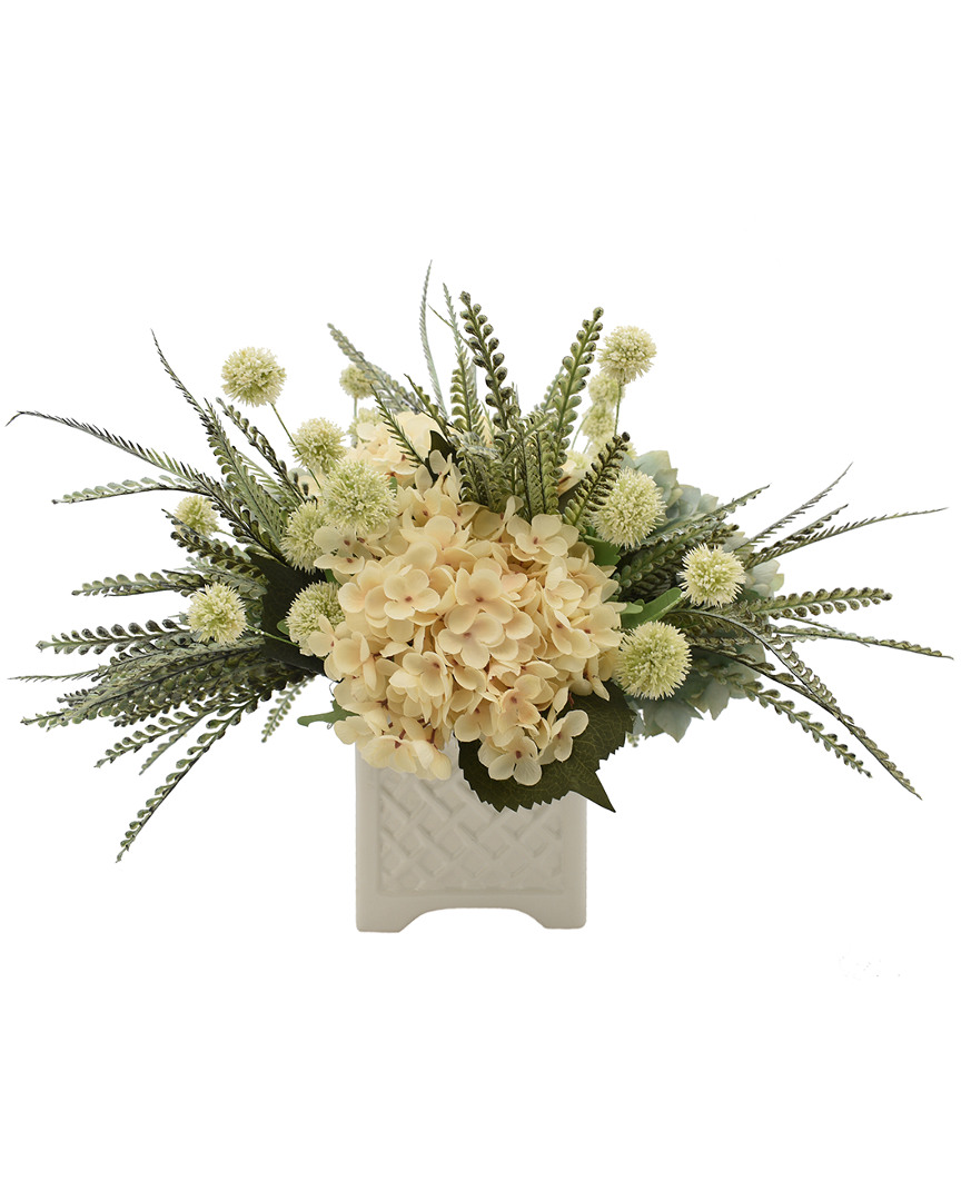 Creative Displays Cream And Teal Hydrangea With Feathers Floral Arrangement