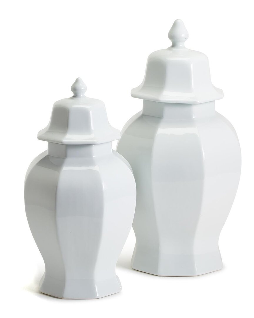 Two's Company Set Of 2 Hexagonal Temple Jars With Lids In White