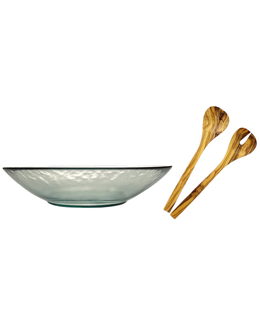 FRENCH HOME FRENCH HOME VINTAGE RECYCLED GLASS MULTI-PURPOSE SERVING BOWL & OLIVE WOOD SERVERS