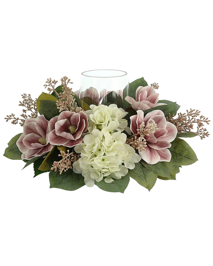 Creative Displays Hydrangea, Eucalyptus And Magnolia Glass Candle Holder Centerpiece In White