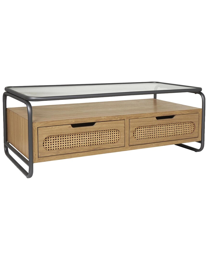 Peyton Lane Wooden Coffee Table With 2 Cane Front Drawers & Metal Frame In Brown