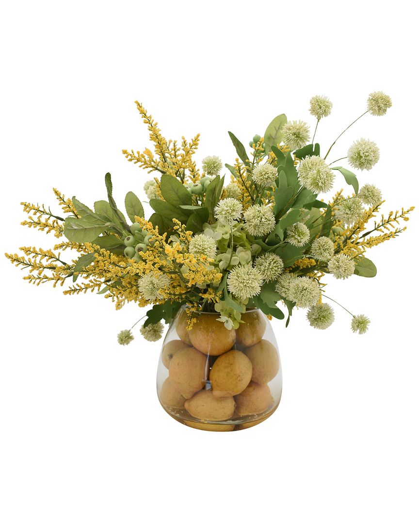 Creative Displays Yellow Heather, White Pom Poms And Lemon Floral Arrangement