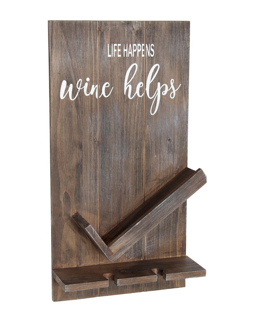 Lalia Home Lucca Wall Mounted Wooden Life Happens Wine Helps Wine Bottle Shelf With Glass Holder In Brown