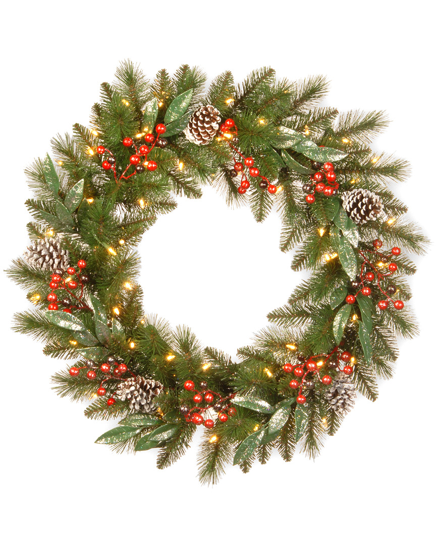 National Tree Company 30in Frosted Pine Berry Collection Wreath With 50 Warm White Battery Operated  In Green