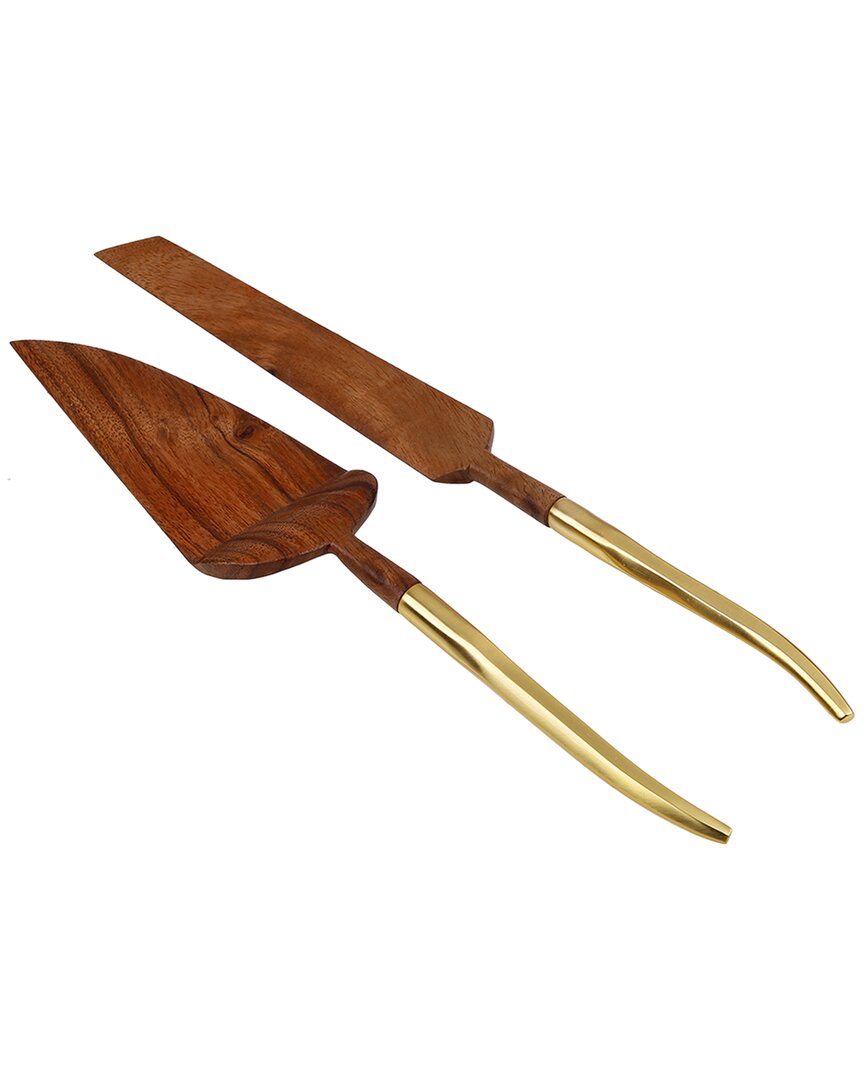 Alice Pazkus Set Of 2 Wooden Cake Servers With Handle In Gold