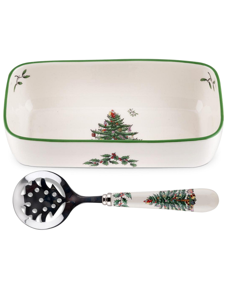 Spode Christmas Tree Cranberry Server With Slotted Spoon