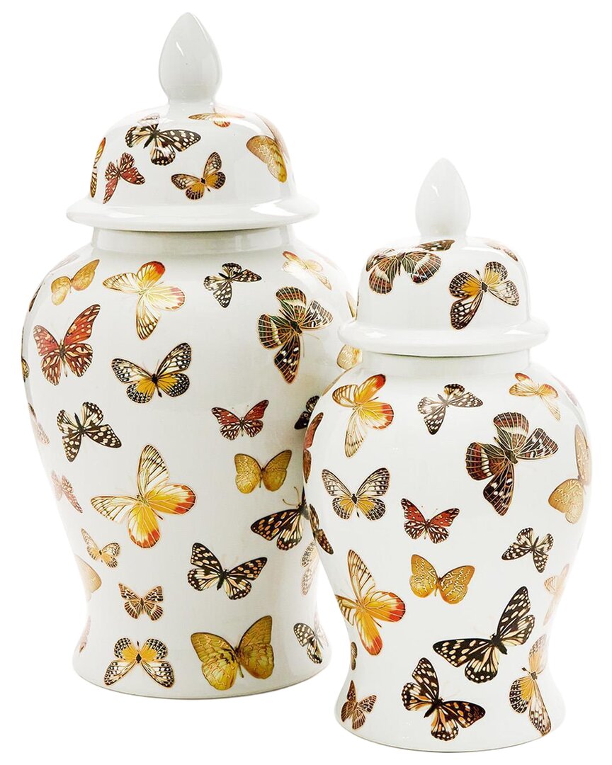 Tozai Two's Company Set Of 2 Butterfly Garden Covered Temple Jars In Brown