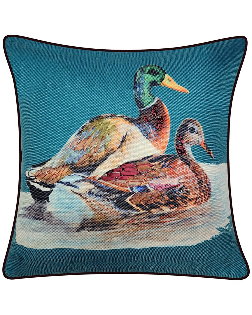 Edie Home Edie@home Watercolor Ducks Print With Ribbon Embroidery Decorative Pillow In Blue