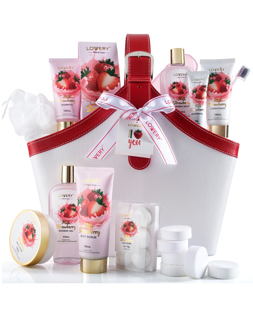 Lovery Strawberry-milk Home Spa Gift Set, Deluxe 25pc Bath Kit With Tote Bag In White