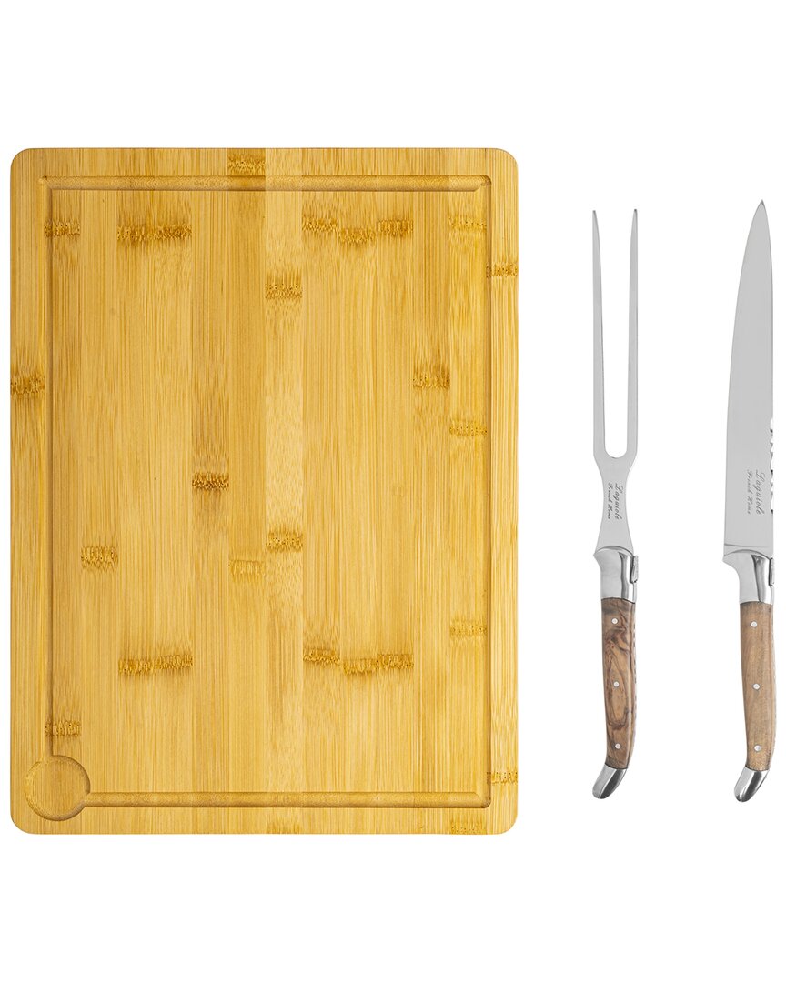 French Home Laguiole Olive Wood Carving Set With Wood Cutting Board In Gold