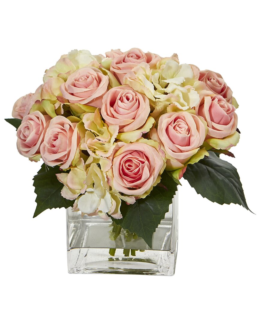 Nearly Natural Rose And Hydrangea Bouquet Artificial Arrangement In Vase In Pink