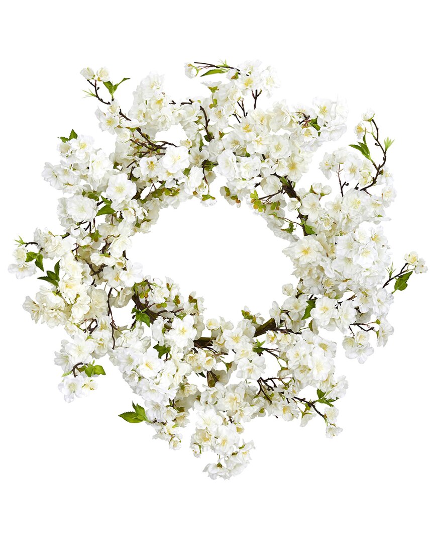 Nearly Natural 24in Cherry Blossom Wreath In White