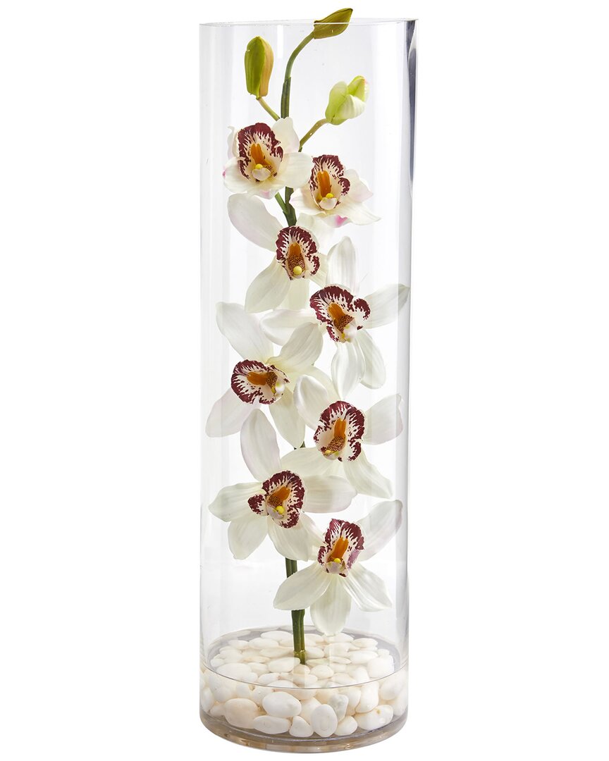 Nearly Natural Cymbidium Orchid Artificial Arrangement In Tall Cylinder Vase In White