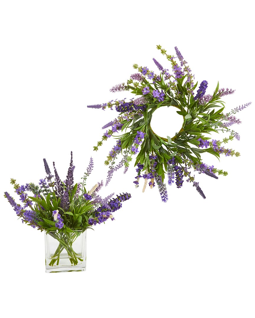 Nearly Natural 12in Lavender Arrangement & 14in Lavender Wreath (set Of 2) In Purple
