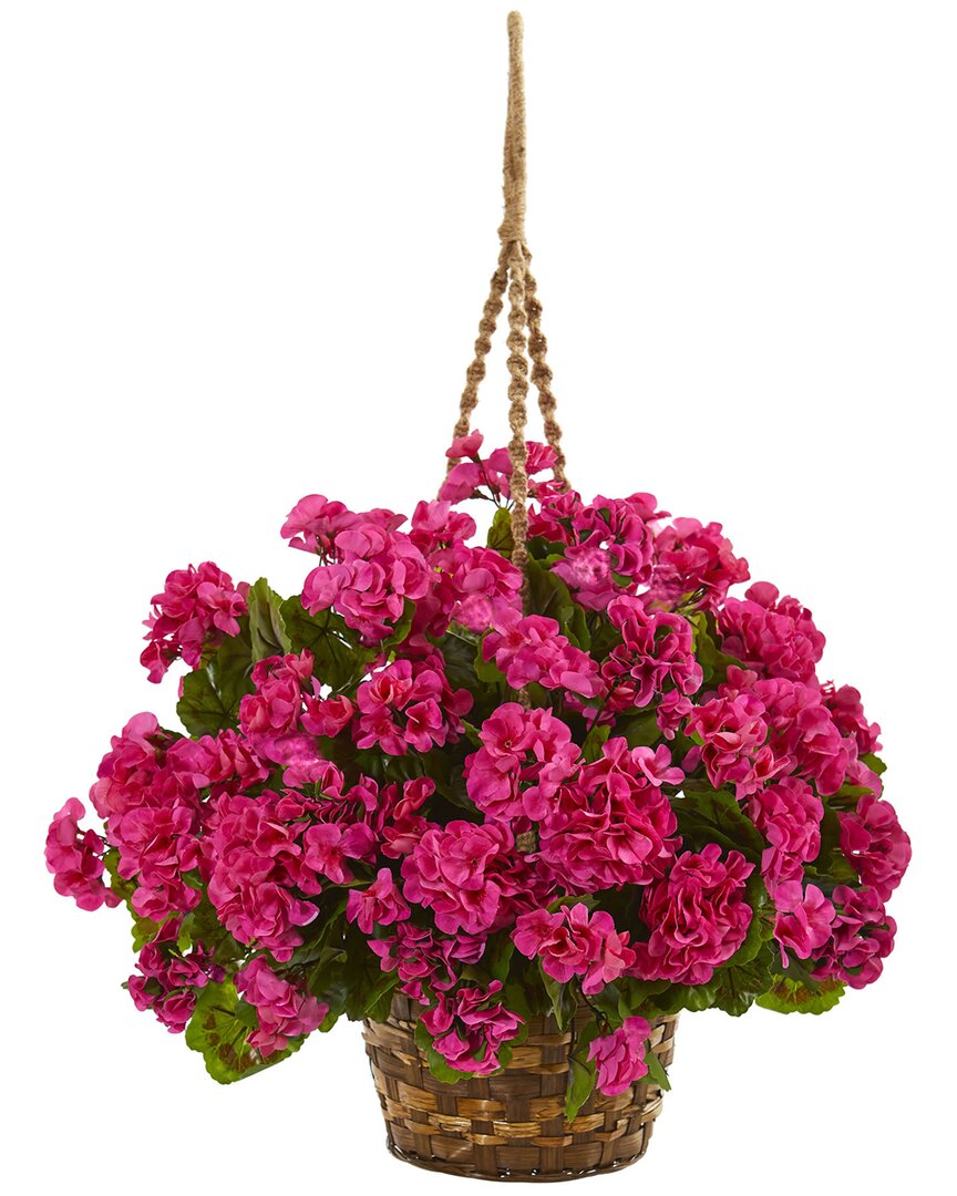 Nearly Natural Geranium Hanging Basket Artificial Plant Uv Resistant (indoor/outdoor) In Pink