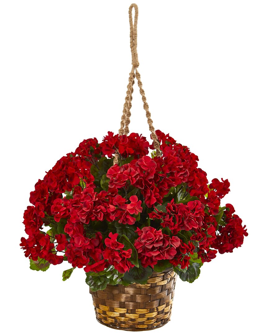 Nearly Natural 19in Geranium Hanging Basket Artificial Plant Uv Resistant (indoor/outdoor) In Red