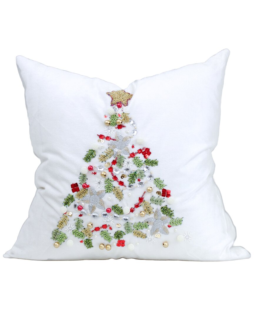 Harkaari Velvet Beaded Whimsical Christmas Tree Pillow In White